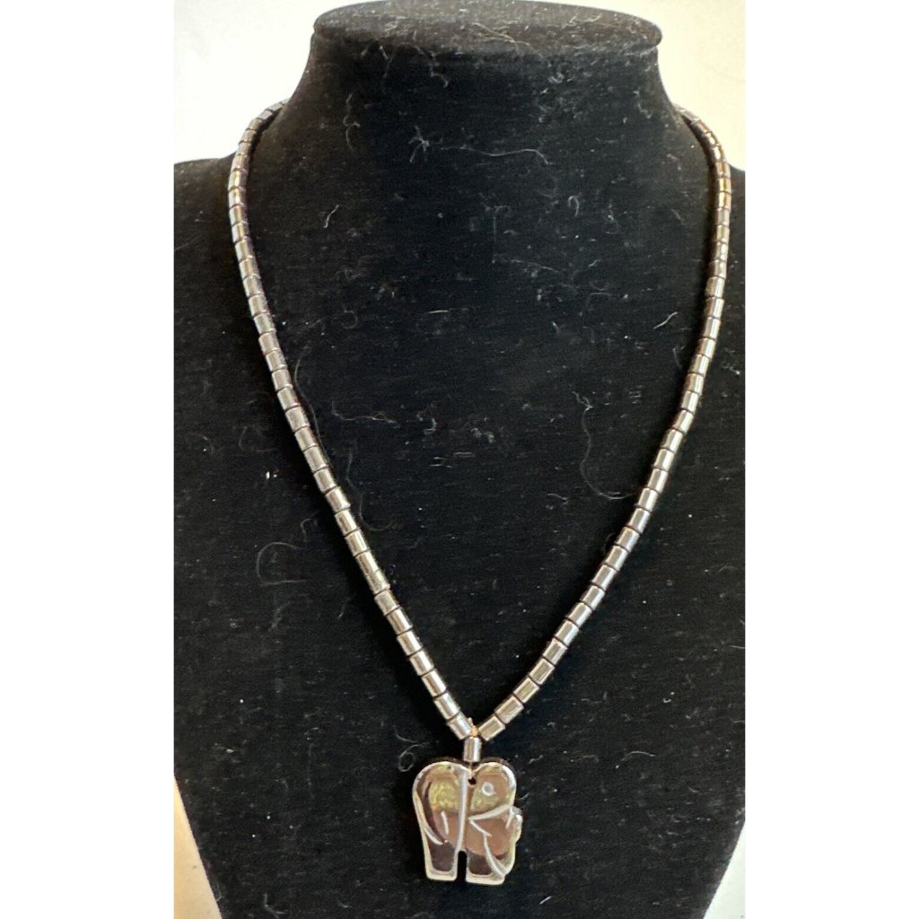 Black Hematite Necklace Carved Elephant Pendant Barrel Clasp 20”